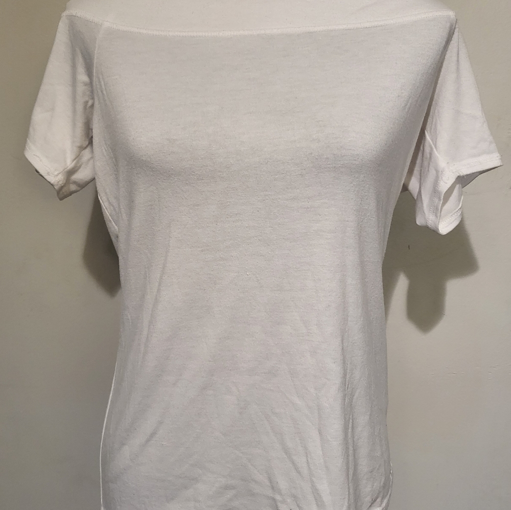White guess off the shoulder short sleeve shirt